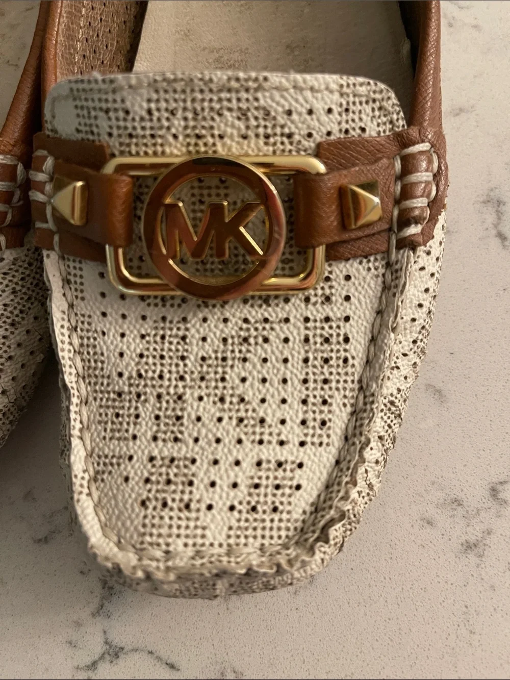Michael Kors Cream Patterned & Brown Leather MK Logo Loafers